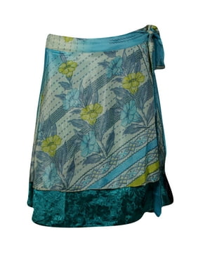 Mogul Women Teal Blue Silk 2 Layer Sari Reversible Mini Printed Wrap Skirts