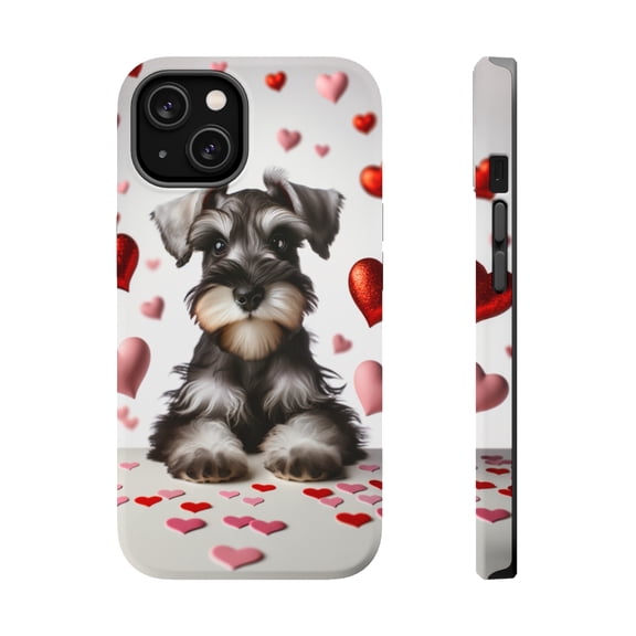 DistinctInk Tough Case for Apple iPhone 14 (6.1" Screen), Compatible with MagSafe Charging - Valentine's Day Standard Schnauzer Puppy