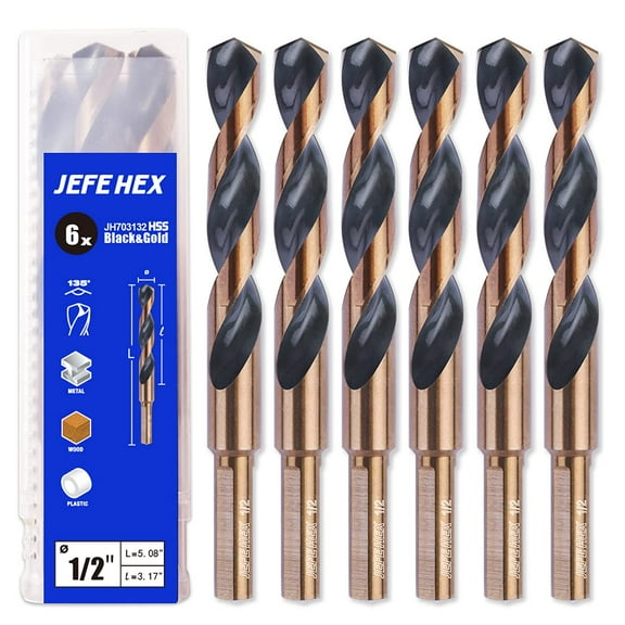 JEFE HEX 1/2" Dia. 5" OAL , 3-Flat Shank HSS Twist Drill Bit, Black and Gold Finish, 135 Degree Split Point (6-Piece)