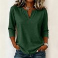 thumbnail image 2 of Women's T-Shirt Notch Neck 3/4 Sleeve Solid Color Casual Pullover Basic Comfortable Relaxed Fit Fall Top, 2 of 6