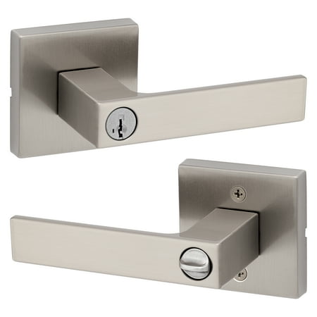 Kwikset Singapore Square Keyed Entry Lever Doorknob with Smartkey Satin Nickel