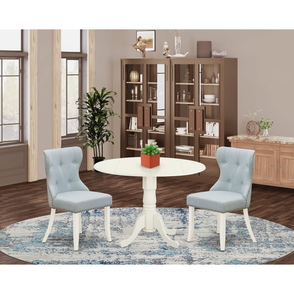 Round Drop Leaf Dining Table Set - 2 Linen Fabric Chairs - Modern Kitchen Table - Baby Blue & White