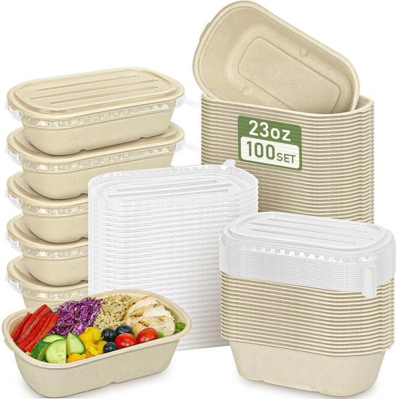 100 Pack Disposable Paper Bowls with Lids,23 oz Meal Prep Containers Rectangle Soup Bowls Leakproof Deli Food Container Hot Cold Food Servi