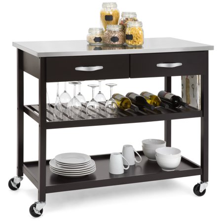Best Choice Products Pine Wood Kitchen Island Utility Cart w/ Stainless Steel Countertop and Shelving, (Best Kind Of Kitchen Countertops)