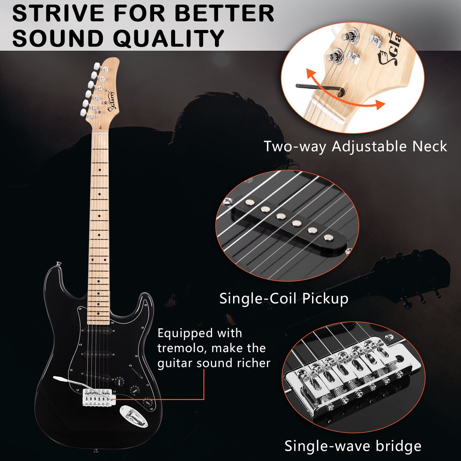 Glarry GST Electric Guitar Kit for Beginner, Full Size SSS for Starter with 20W Amp, Bag, Strap, Picks – Black