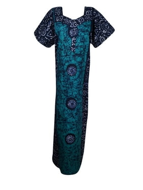 Mogul Women Blue Floral Maxi Caftan Nightgown Cap Sleeves Sleepwear Housedress Maternity Loose Nightwear Patio Dresses XL