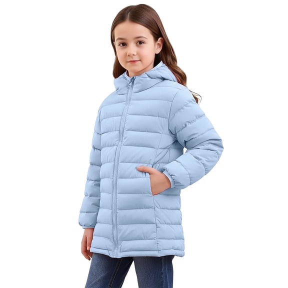 Kids Puffer Jacket Packable Lightweight Girls Boys Full Zip Hooded Warm Winter Down Coat with Pockets 4-15 Years (10 Years, Sky Blue)