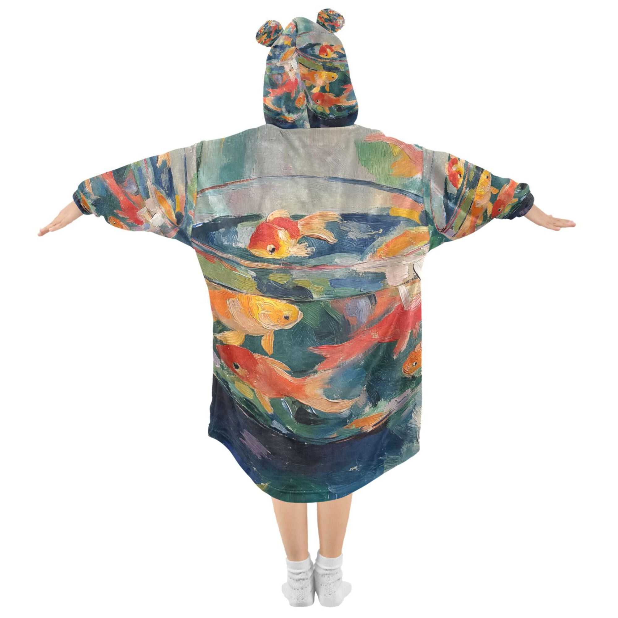 FORMRS Wearable Blanket Hoodie with Sleeves for Kids Cozy Flannel Sweatshirt, Green Goldfish