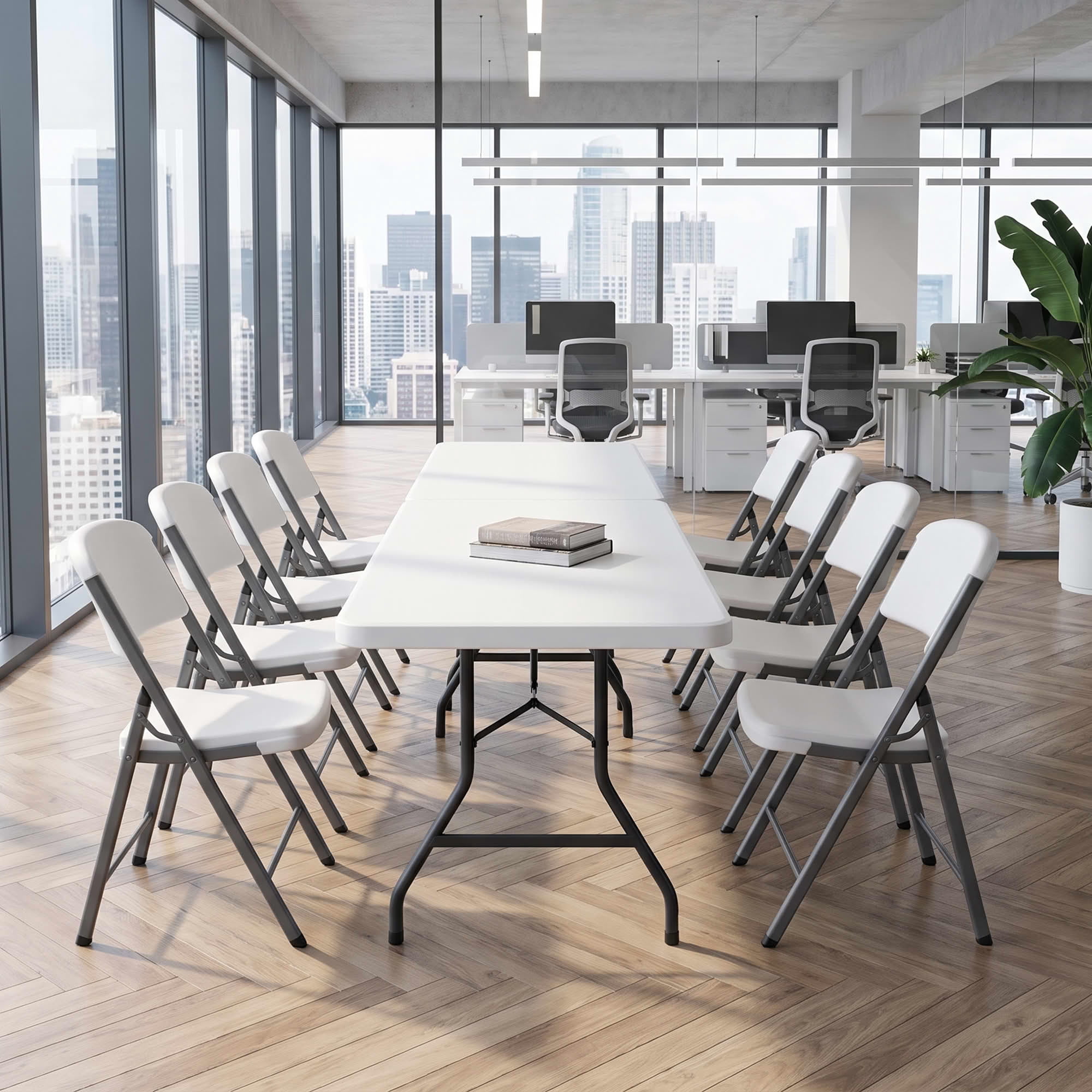 MAYEERTY 8FT White HDPE Non-Fold Top Folding Leg Table, Powder Coated Steel Frame UV Water Resistant Indoor Outdoor Table