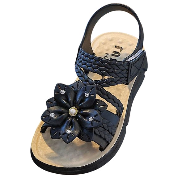 newwalpole Baby Toddler Girls PU Leather Soft Open Toe Summer Sandals Flower Princess Flat Shoes Black for Size 11.5