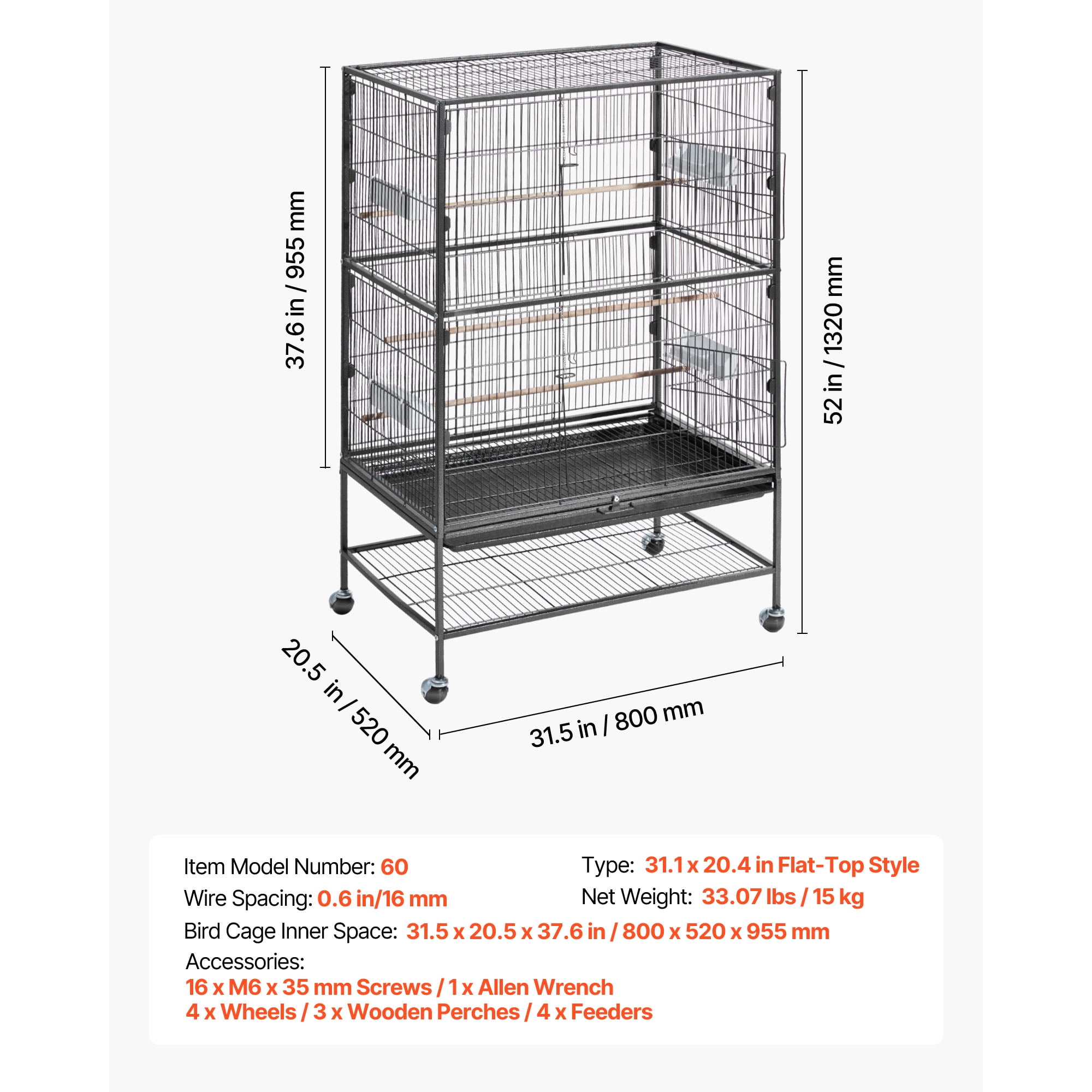 Bird Cage, 31.5 x 20.5 x 52 inch, Flat Top, Wrought Iron Bird Flight Cage with Perches, Slide-Out Tray and Plastic Feeders, Casters, for Parrot, Blue Tit, Cockatiel, Canary, and Monk Parakeet