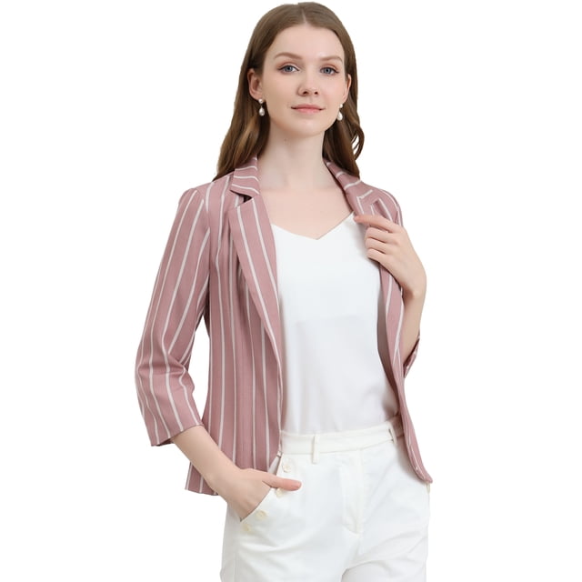 Blazer De Solapa Con Muescas Y Mangas 3/4 A Rayas Para Mujer Loto S