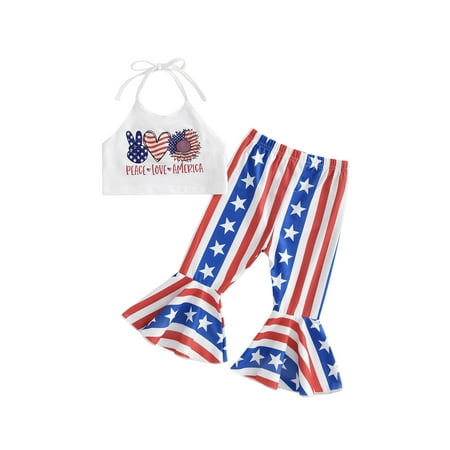 

Independence Day Toddler Girls Outfits Summer Letter Print Halterneck Tops and Elastic Star Stripe Flared Pants Set
