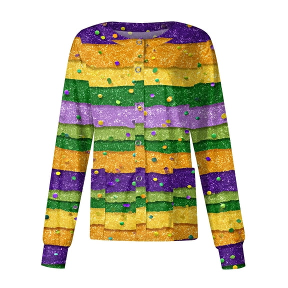 Mardi Gras Scrub Jackets for Women Button Down Long Sleeve Holiday Scrubs Top Carnival Mask Printed Nurse Working Uniforms