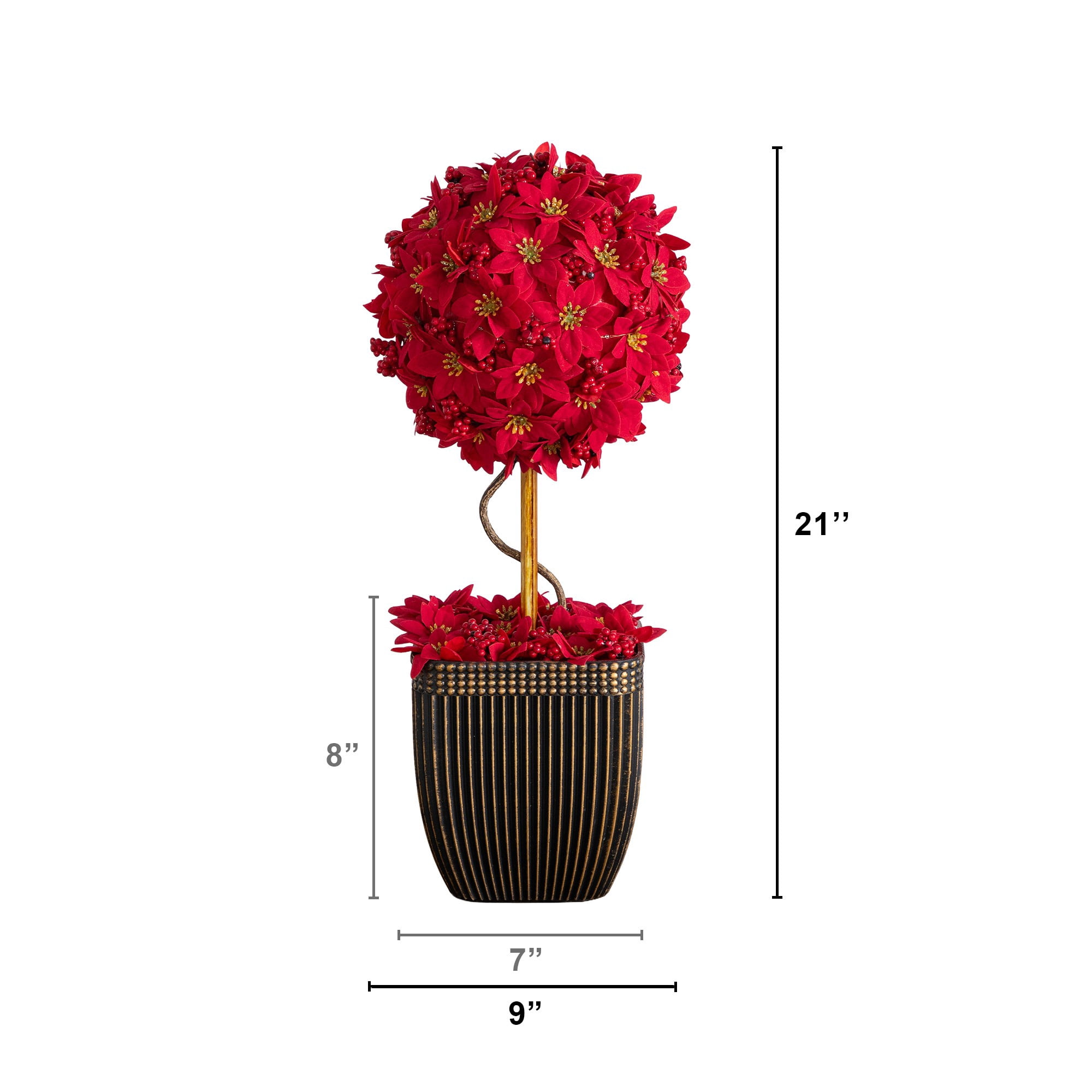 21in. Pre-Lit Artificial Christmas Poinsettia Single Ball Topiary Tree with 15 LED Lights in Decorative Planter