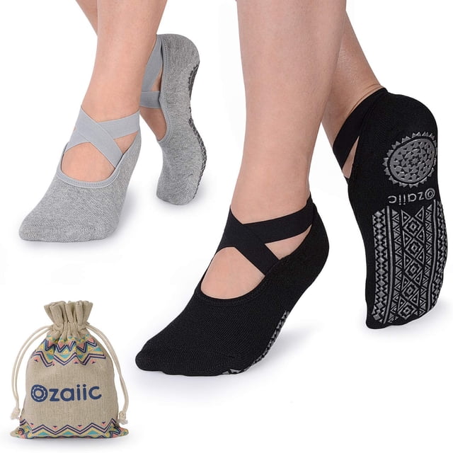 Calcetines de Pilates Ozaiic antideslizantes con agarre, yoga, 2 pares, negro y gris