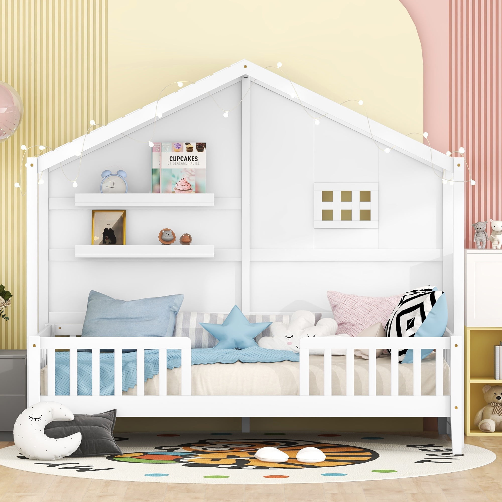 Harper & Bright Designs Twin Size House Bed with Storage Shelves and Rails, Wood Kids Montessori Bed Frame with Window and Sparkling Light Strip on The Roof for Boy Girls, White