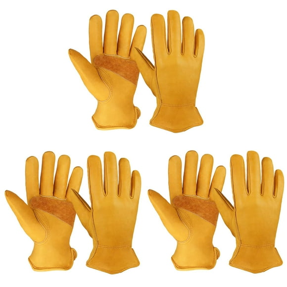 OZERO Leather Work Gloves for Men: 3 Pairs Cowhide Working Gloves Abrasion Resistant Driver Glove for Heavy Duty Yard Work DIY Women Gardening Glove Gold Large