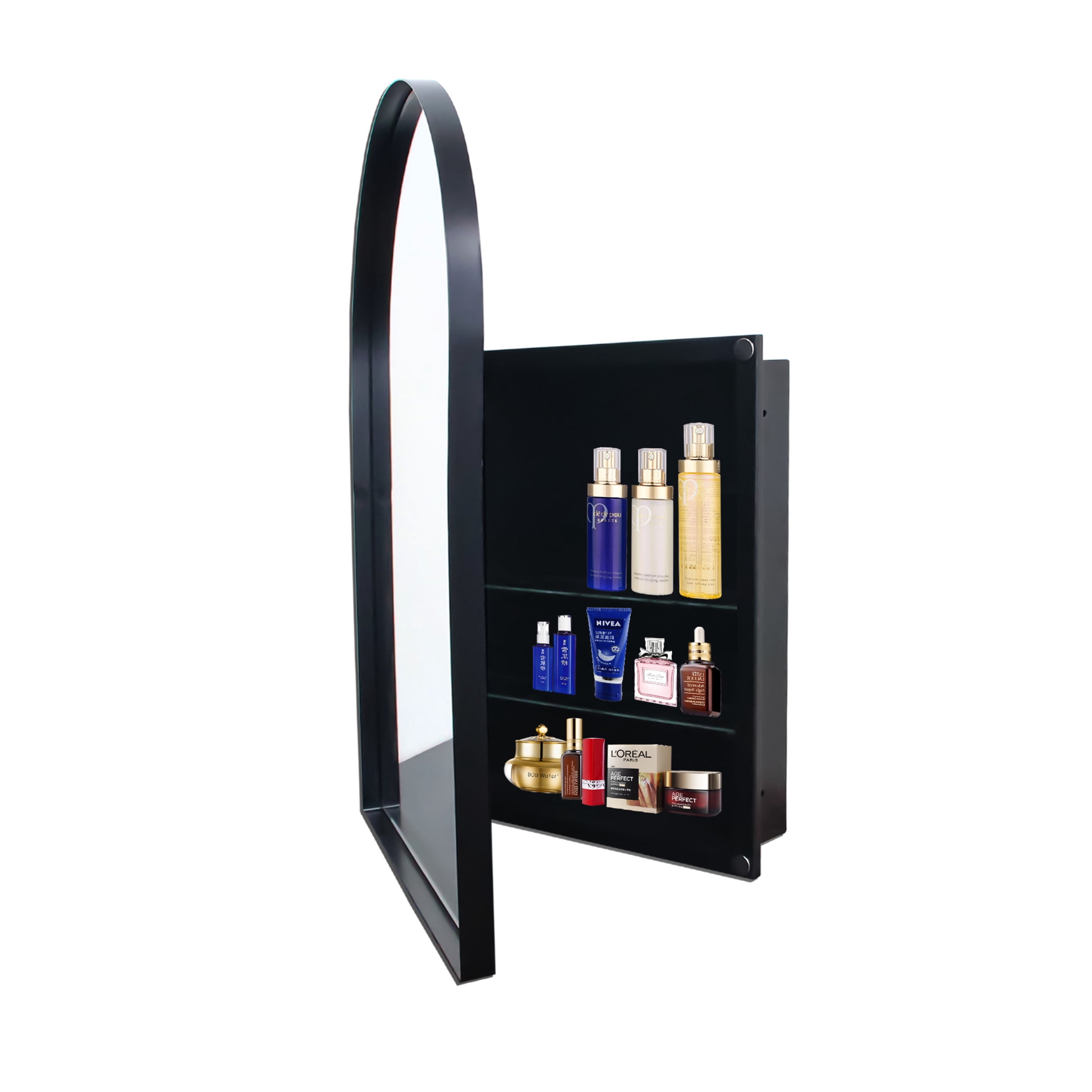 Noble House Arched Medicine Cabinet with Mirror, Recessed or Surface Mount, Adjustable Shelves, Matte Black