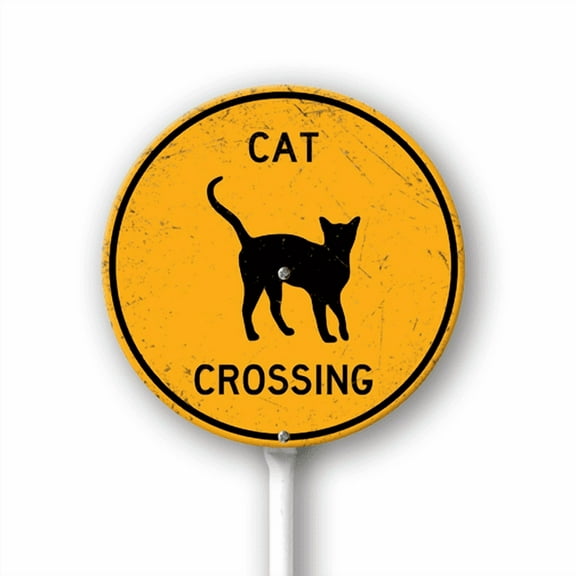 Eveokoki Cat Crossing Round Sign with Metal Stake -9.2x9.2inch Lawn Signs Sturdy Aluminum Retro Sign for Outdoor Use Waterproof Signs Outdoor Decor for Yard Grass Garden