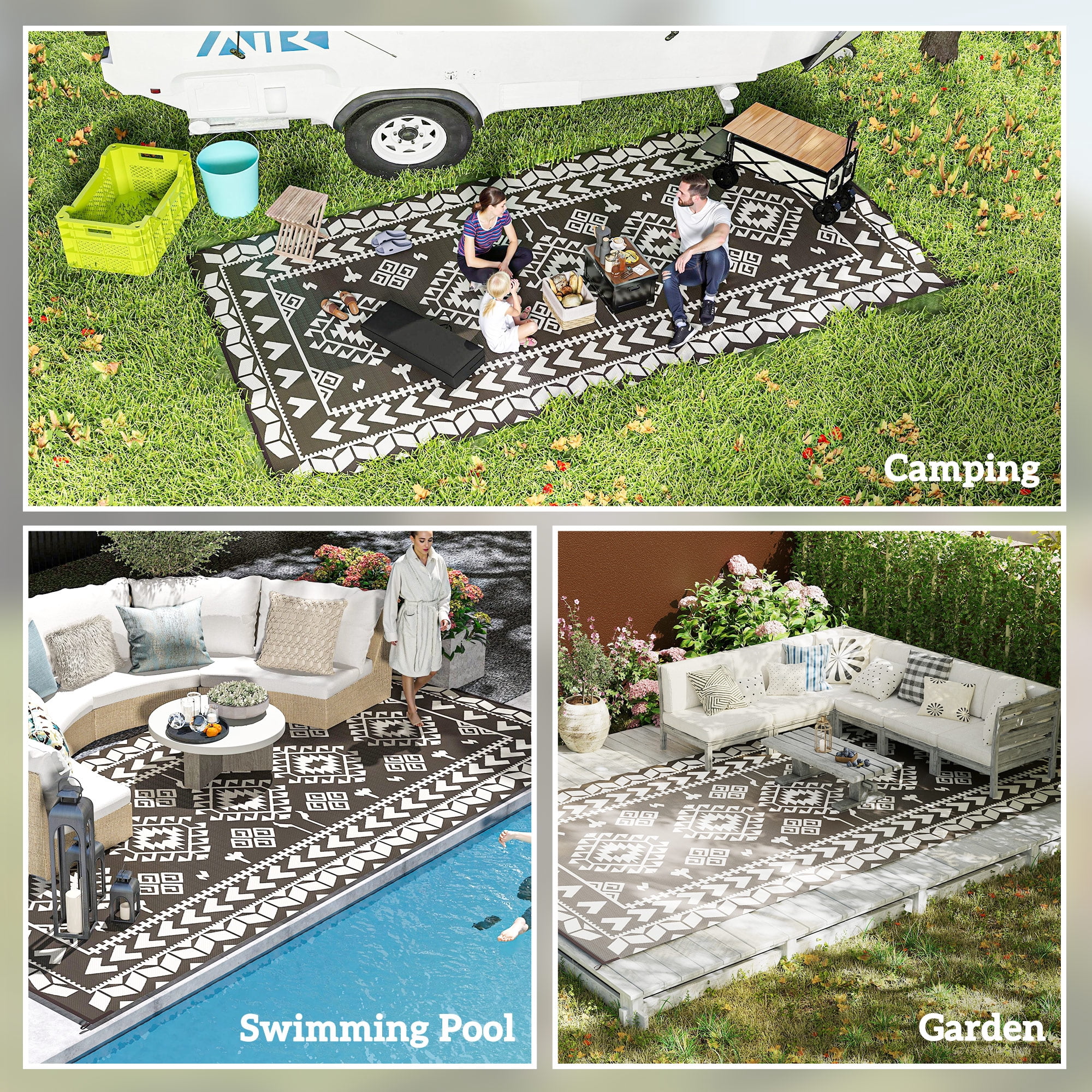 9' x 18' Black & White Rhombus Patchwork Reversible Outdoor Rug, Waterproof Patio Camping Mat with Carry Bag, Foldable Portable Indoor Outdoor RV Carpet