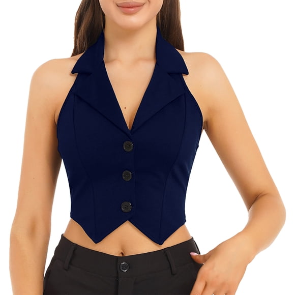 Jelory Womens Classic Fit Suit Vest Halter Neck 3-Button Dressy Waistcoat Cropped Backless Vest Top Navy Blue M