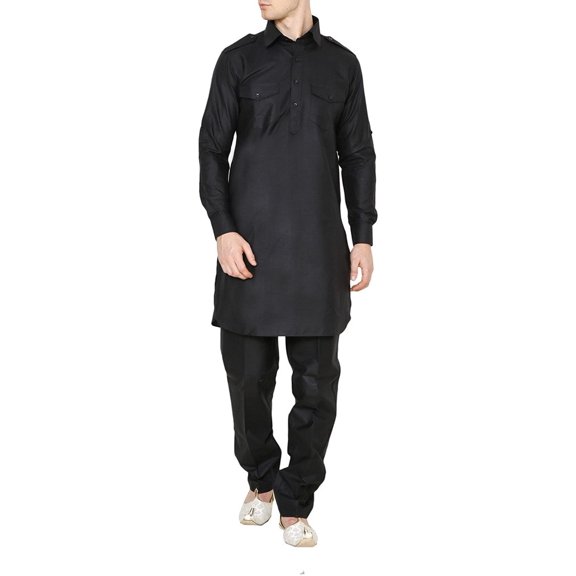 Royal Mens Black Linen Pathani Suit