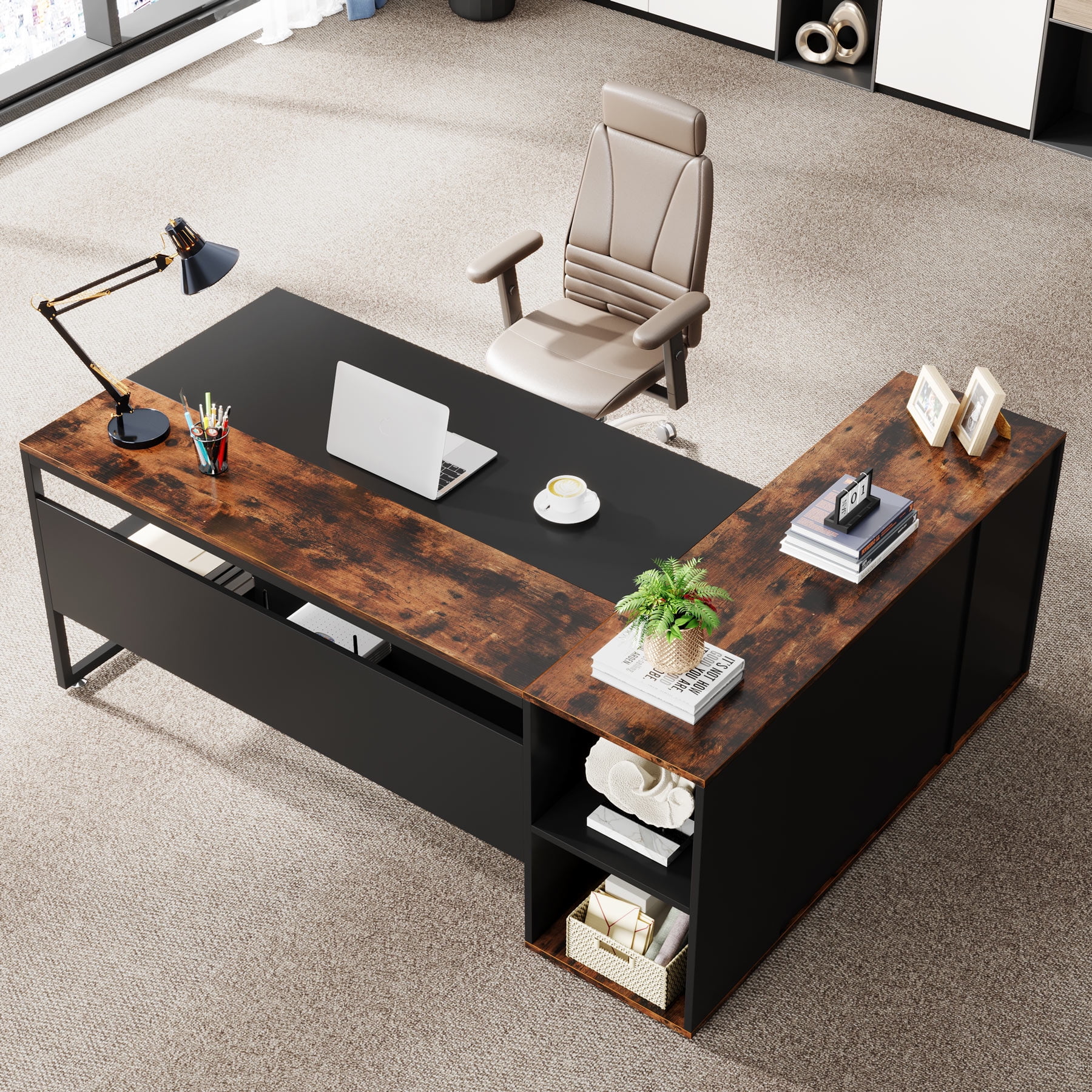 Tribesigns 71 inch L Shaped Executive Desk with Cabinet Storage, Rustic Brown Business Furniture Desk Workstation with Shelves for Home Office