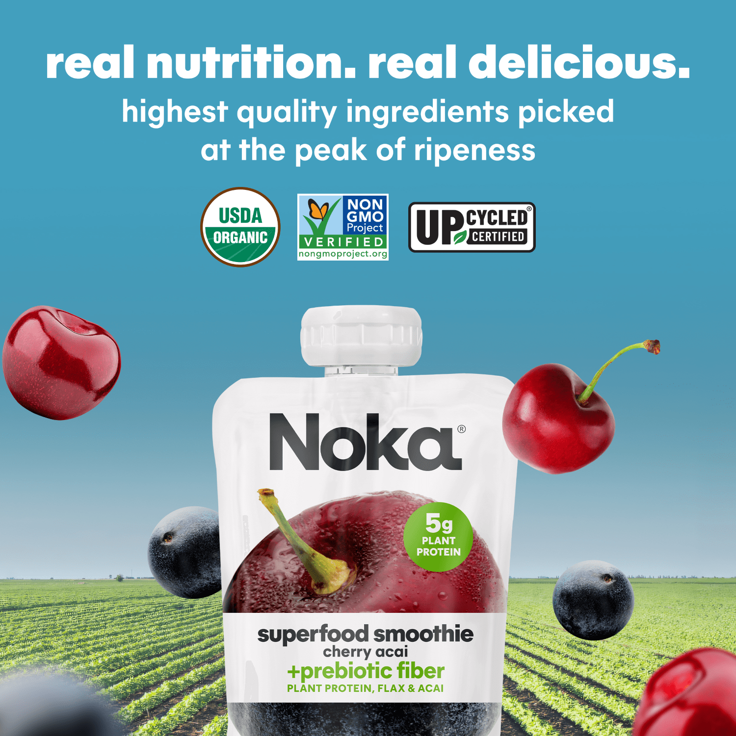 Noka Organic Cherry Acai Smoothie, 4.22 oz Fruit Pouches, 4 Count Smoothie Drinks