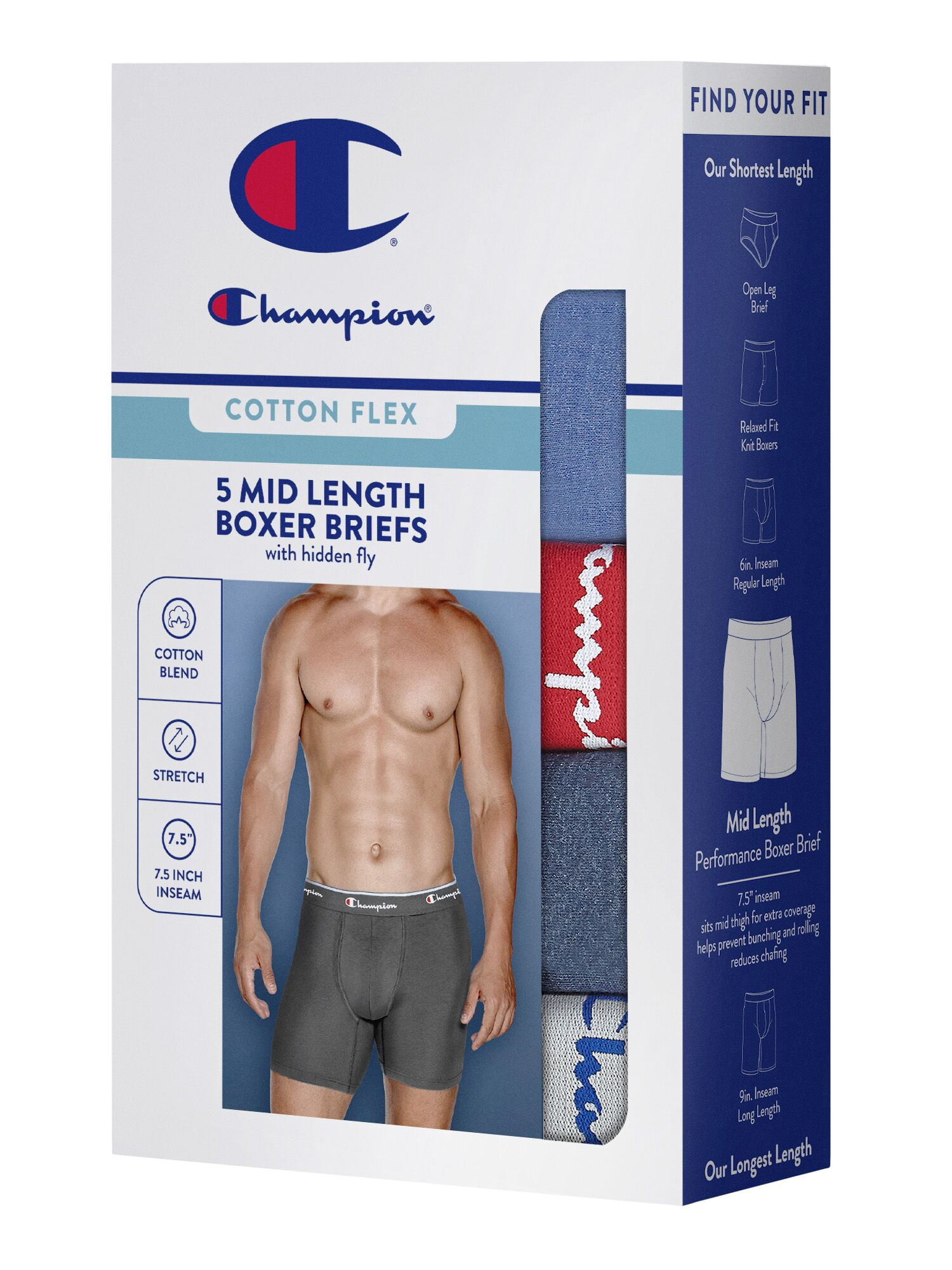 Champion Men’s Boxer Briefs – 5 Pack Cotton Flex Underwear, Longer Leg, Hidden Fly, Sizes S–2XL