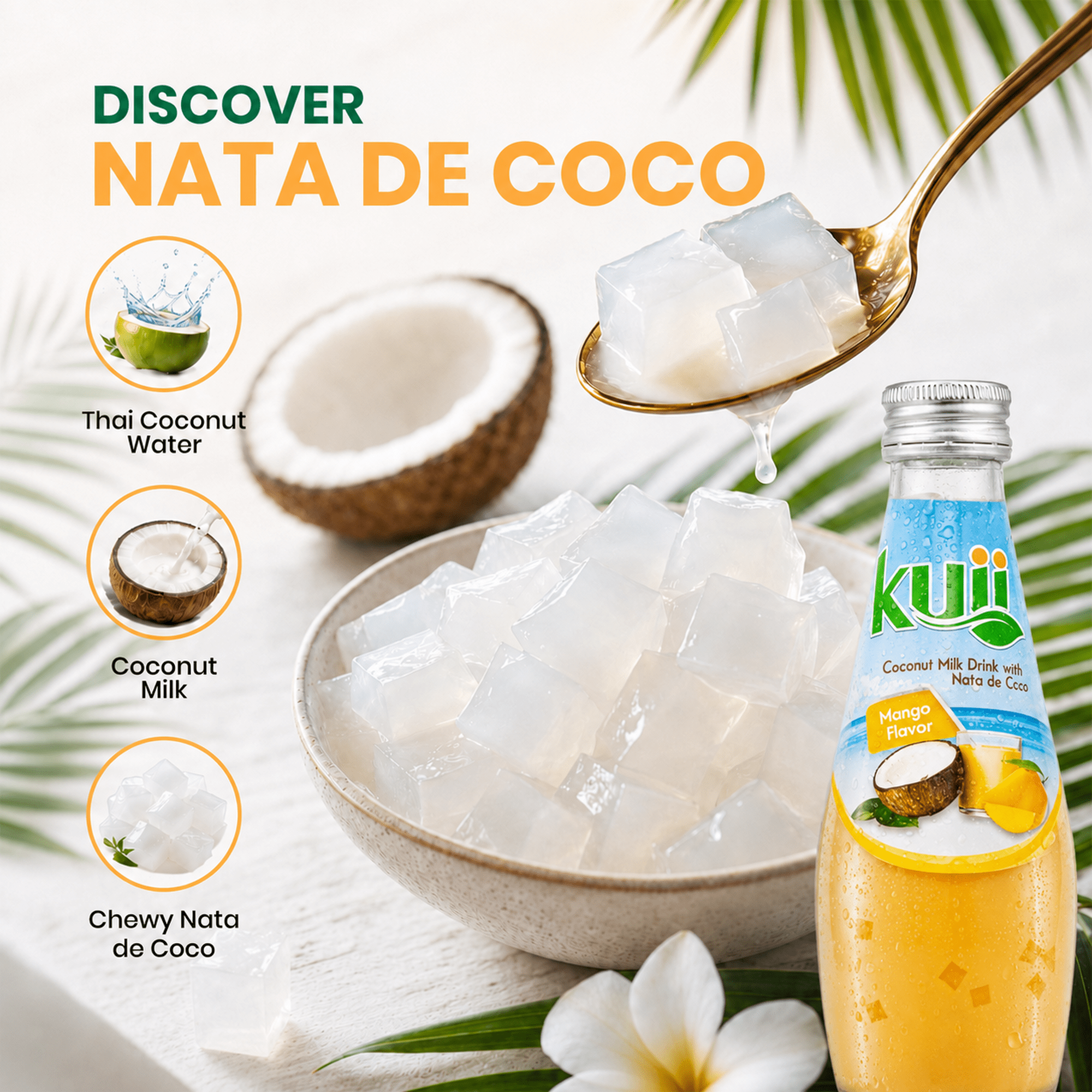 (7 pack) Kuii Drinks Coconut Milk with Nata de Coco, Mango, 290 mL Single Glass Bottle