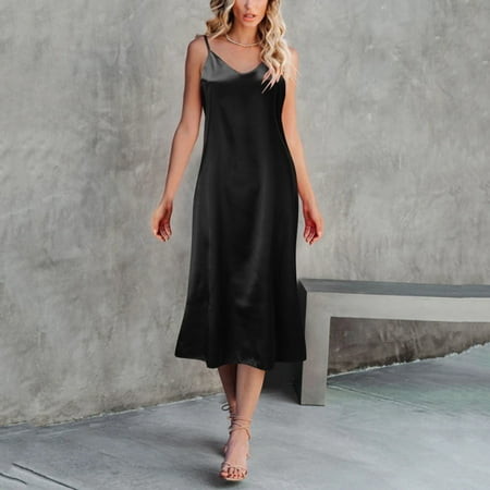 GZWYHT Silk Pajamas Clearance Nightgowns for Women Women Fashion Solid Dress Sleeveless Strap V Neck Dress Loose Dress Home Nightdress Chemise Nightgowns Babydoll Lingerie  Black L