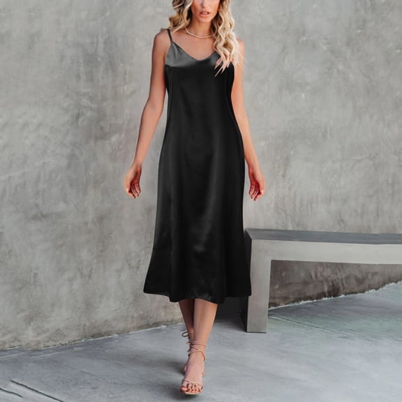 LIZUOJUN Under $4 Nightgowns For Women Camisole Dress Slip Nightdress Silky Satin Spaghetti Strap V Neck Loose Fit Mid Long Solid Color Multi Season Home Loungewear L