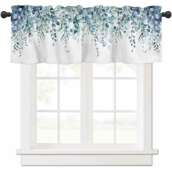 Teal Blue Eucalyptus Leaves Curtain Valance for Windows/Living Room/Kitchen/Bathroom/Farmhouse, Short Rod Pocket Tier Curtain Window Treatment, 1 Panel 54 x 18 Spring Floral Summer Botanical