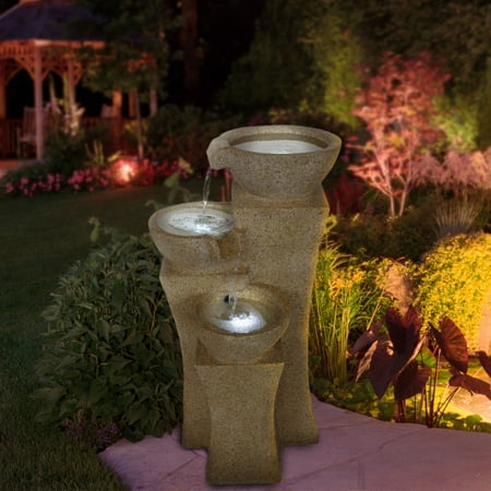 Lighted Punch Fountain - Pure Garden Cascade Bowls Outdoor Fountain with LED Lights