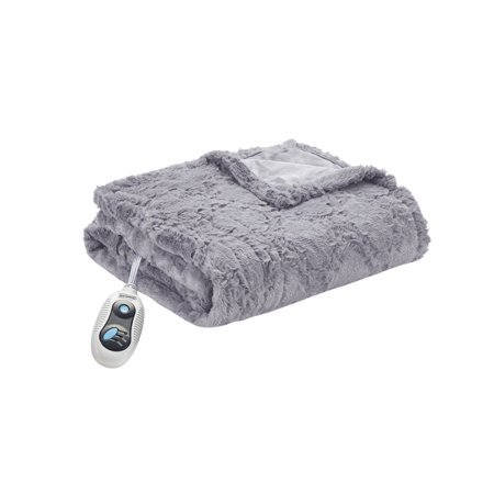 Beautyrest Brushed Long Fur Electric Throw Blanket Ogee Pattern Warm and Soft Heated Wrap with Auto Shutoff, 50 in x 60 in, Grey