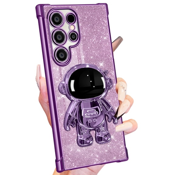 Buleens for Samsung Galaxy S24 Ultra Case Women Girls Cute Astronaut Glitter Girly Sparkly Phone Cover with 6D Astronaut Hidden Stand Kickstand Design Sparkle Bling Cases for S24 Ultra 6.8'' Purple
