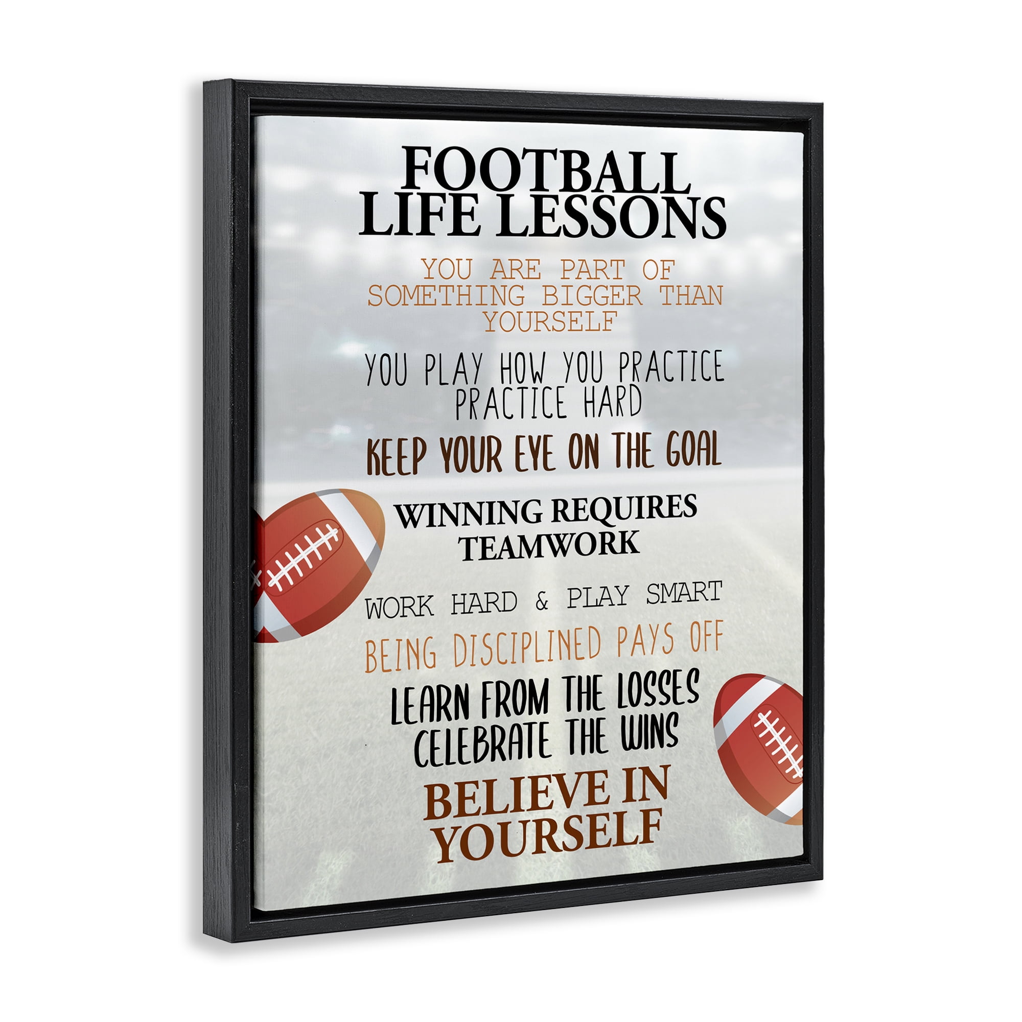 Football Life Lessons Black Framed Floater Canvas Wall Art, design by Kim Allen