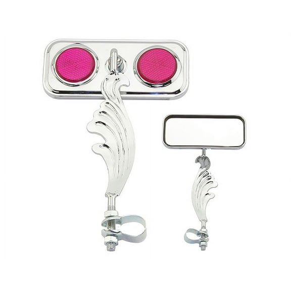 Chrome Rectangle Wing Bike Mirror Right with Purple Reflectors. Bike mirror, bicycle mirror, bike accessory, bicycle accessory.
