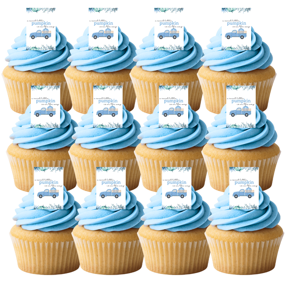 A Sweet Little Pumpkin Is On The Way Cupcake Picks â€“ 24 Edible Wafer Paper Decorations | Blue Baby Shower Dessert Toppers