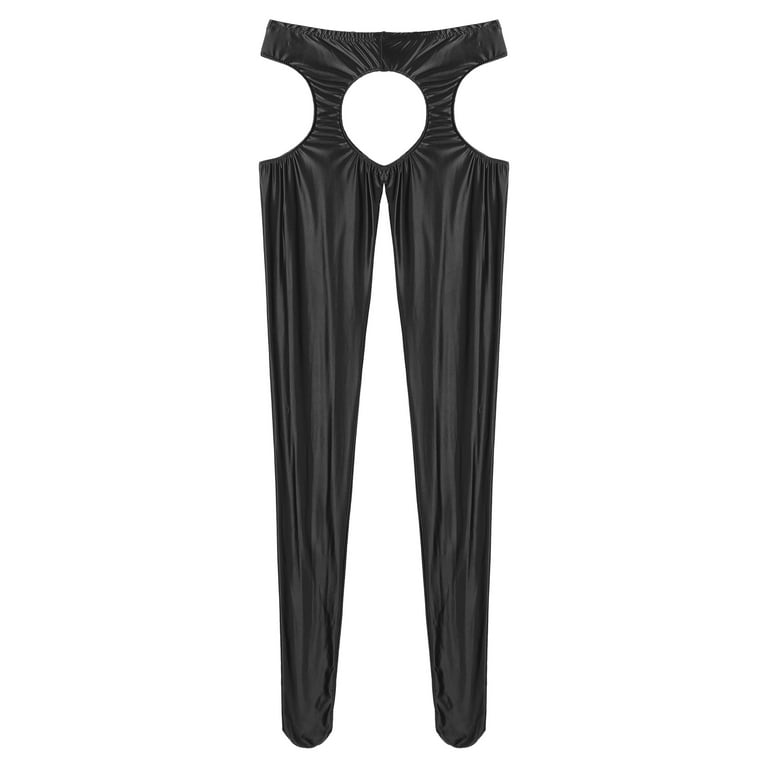 YEAHDOR Womens Glossy Crotchless Pantyhose Tights Mid Waist Skinny Pants  Leggings 