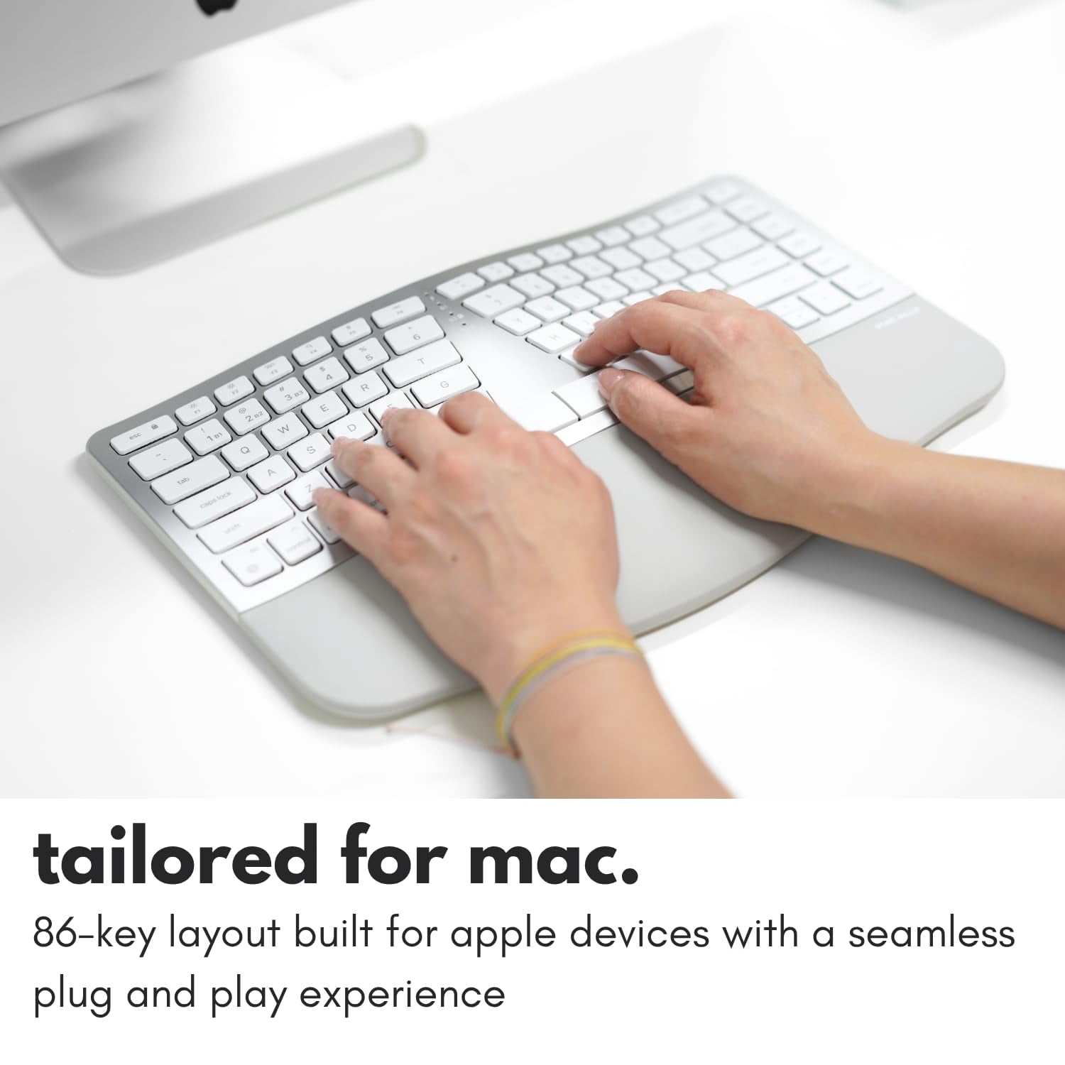 Macally Wireless Split Ergonomic Keyboard for Mac - Dual Mode (BT + Wired) - Rechargeable, Wrist Cushion, USB C + A Plug - Compact