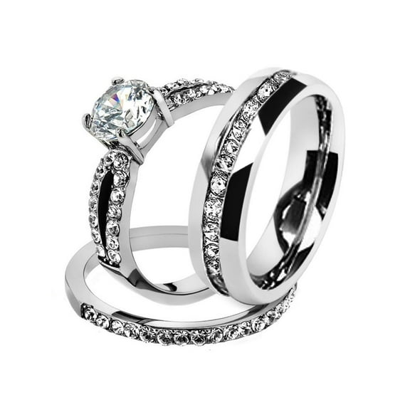 His & Hers Stainless Steel 1.25 Ct Cz Bridal Set & Men's Eternity Wedding Band Women's Women's Size 10 Men's 06mm Size 12