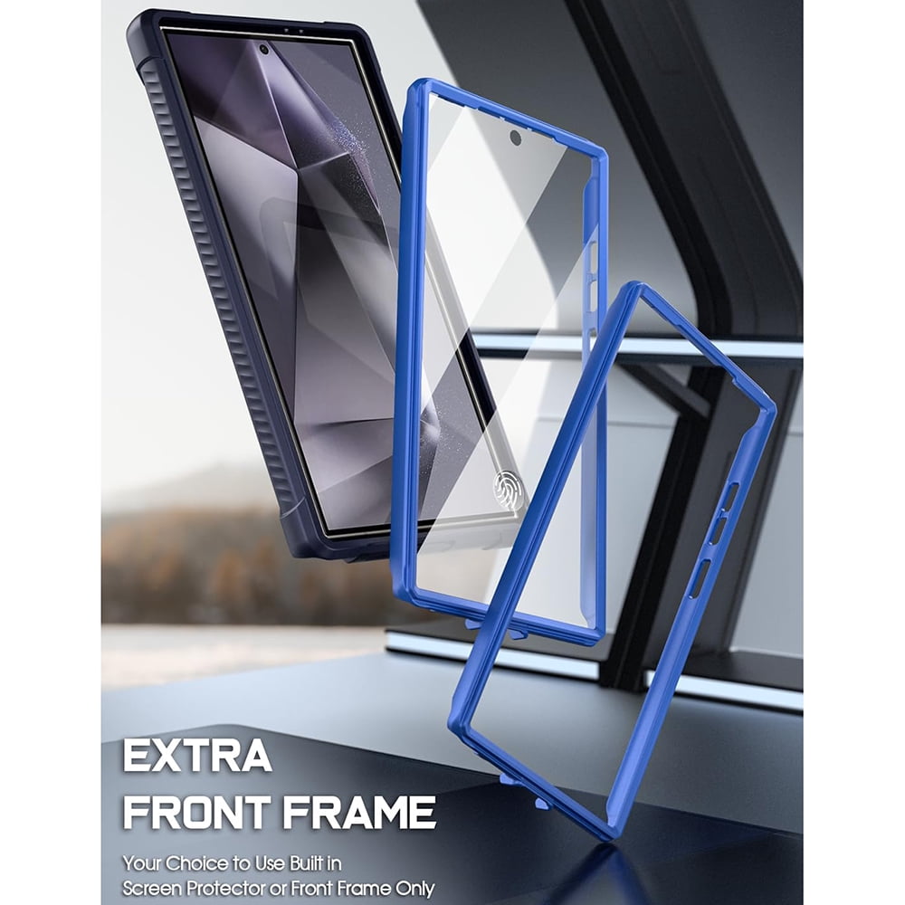 Poetic Guardian Case for Samsung Galaxy S24 Ultra 6.8", [Built-in Camera Stand] [Screen Protector Work with Fingerprint ID] Full Body Shockproof Protective Rugged Clear Cover, Blue/Clear