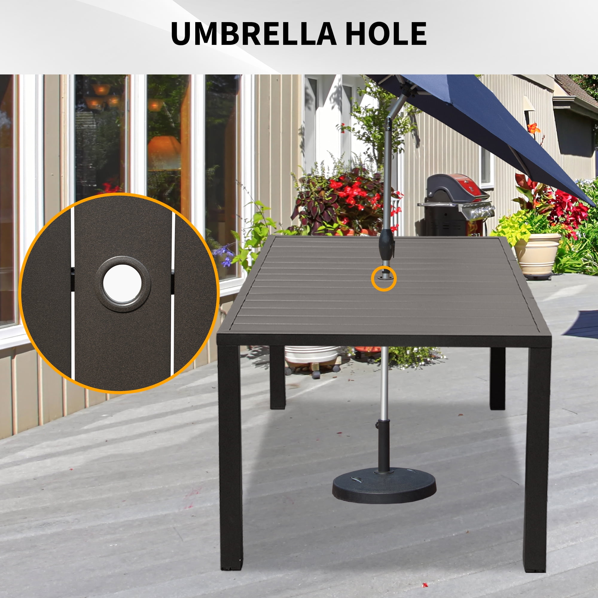 Outdoor Dining Table for 4 Person,Square Slatted Metal Patio Table for Deck Garden Lawn Backyard Use with Umbrella Hole, Brown