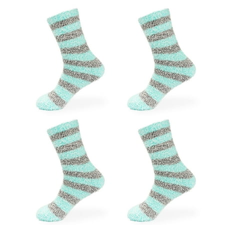 BambooMN Women's Extra Large Soft Fuzzy Warm Cozy Comfy Fuzzy Plush Cute Striped Slipper Socks - Blue Grey - 4 Pairs
