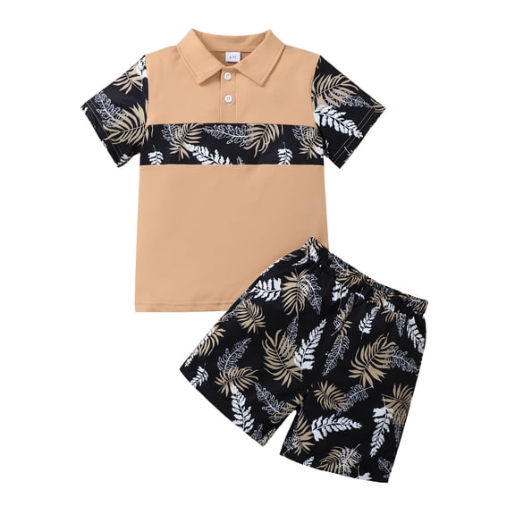 KIMI BEAR 6T Little Boys Summer Outfit Set 7 Years Kid Boy Clothes Short Sleeves Button Front Pullover Top Color Block Polo Shirt Leaves Shorts 2pcs 6-7T