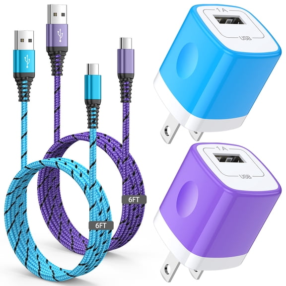 Type C Charger Block,with 2PACK Android Charger Fast Charging Cable 6ft 5V/1A HopePow Usb Charger Block Wall Adapter Plug Brick Phone Chargers for Android Phone Type C,Blue/Purple