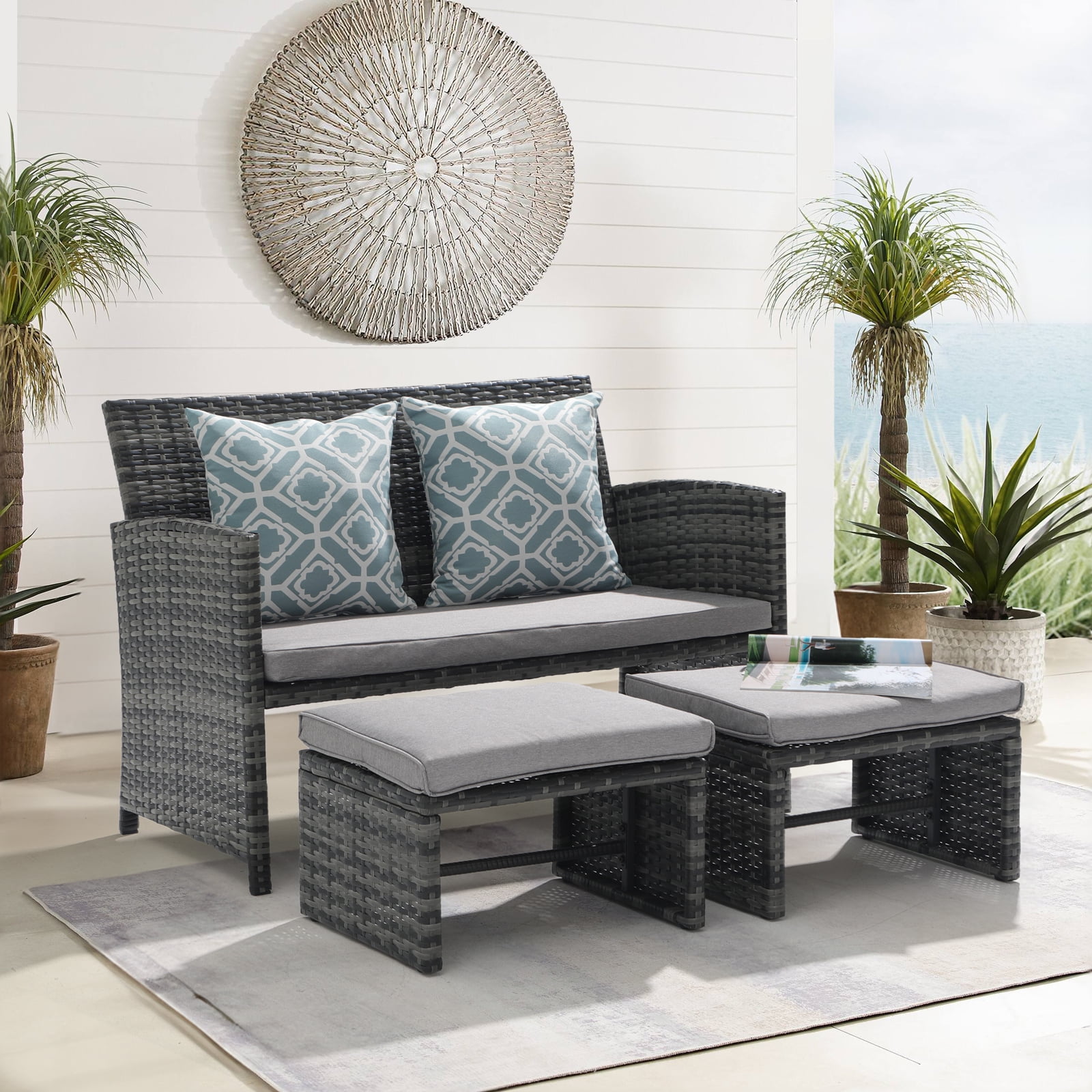 JOIVI Outdoor Loveseat Patio Furniture Rattan Conversation Set, with Ottoman, Pillows Included, Grey Wicker, Light Gray Cushions