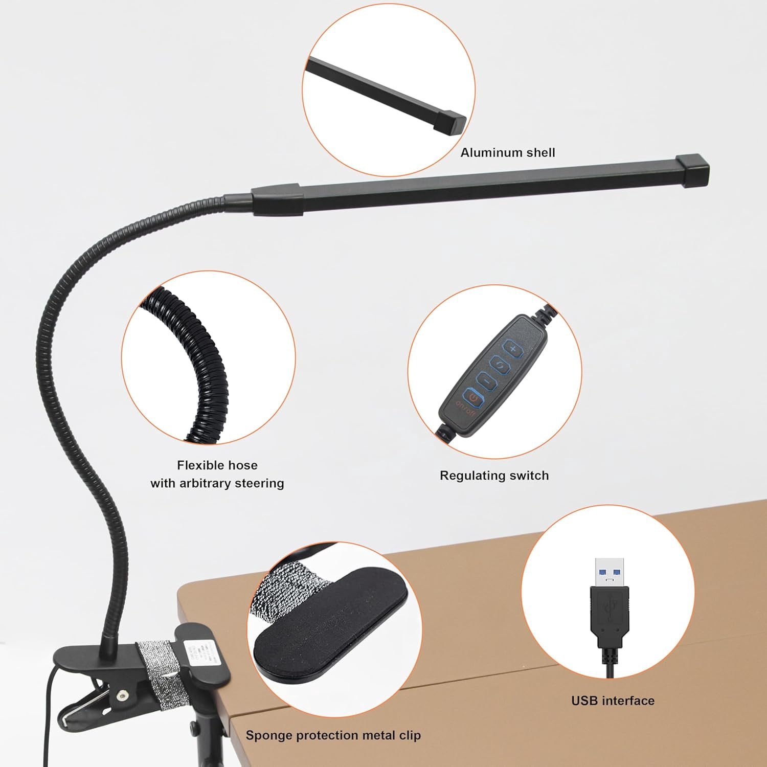 Elitzia LED Small Desk Lamp with Clamp 10 Brightness Dimmable 3 Modes of Cold and Warm Lighting Extra-Long Flexible Gooseneck Clip on Light Suitable for Manicure and Pedicure Cart ETD29304(Black)